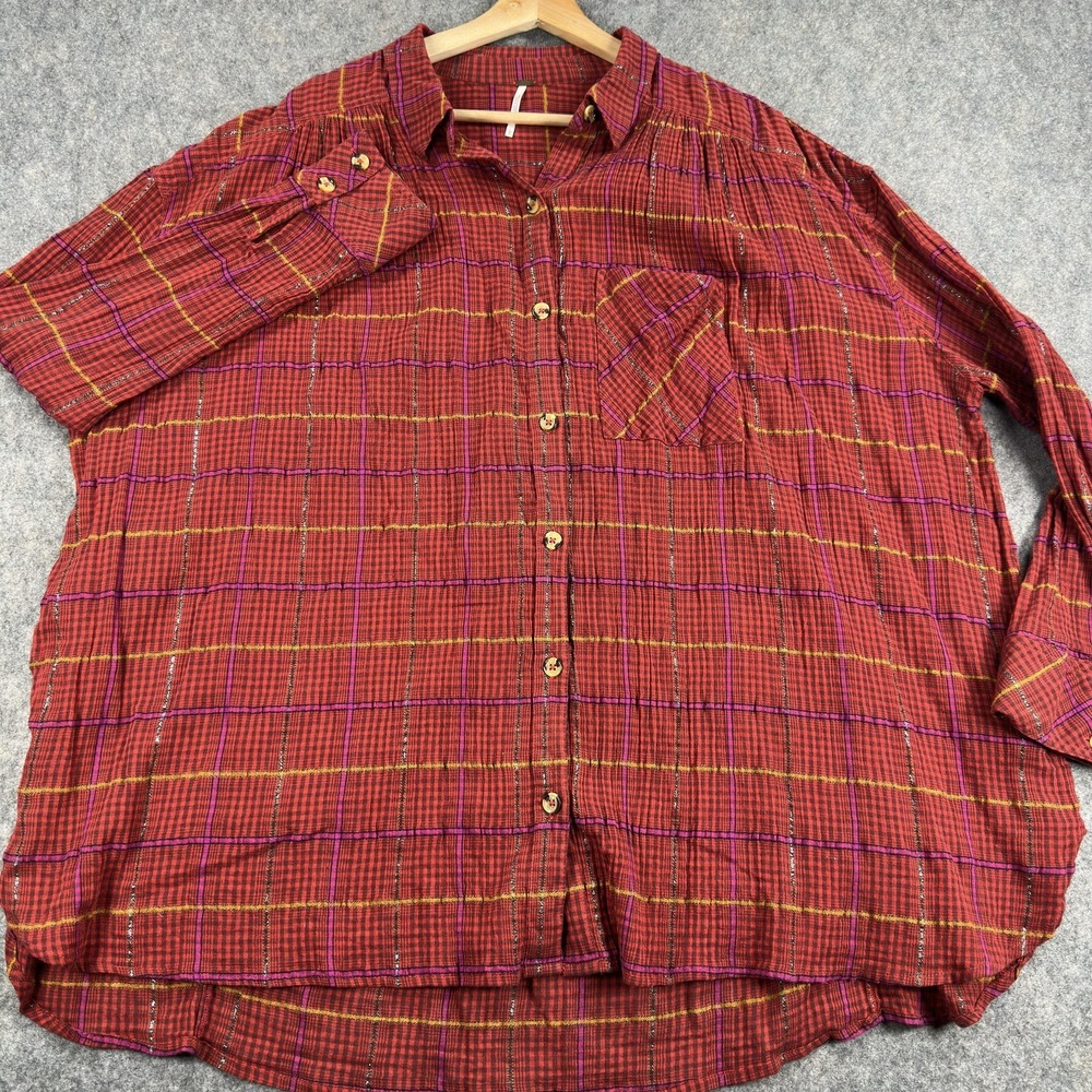 Free People Break My Stride Button Up Shirt Womens Large Red Plaid Long Sleeve - Picture 2 of 15
